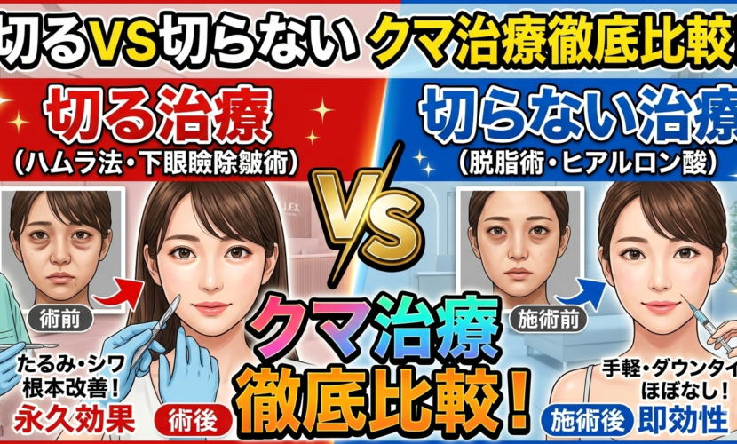 切るクマ治療（表ハムラ法）VS切らないクマ治療（系結膜脱脂術）