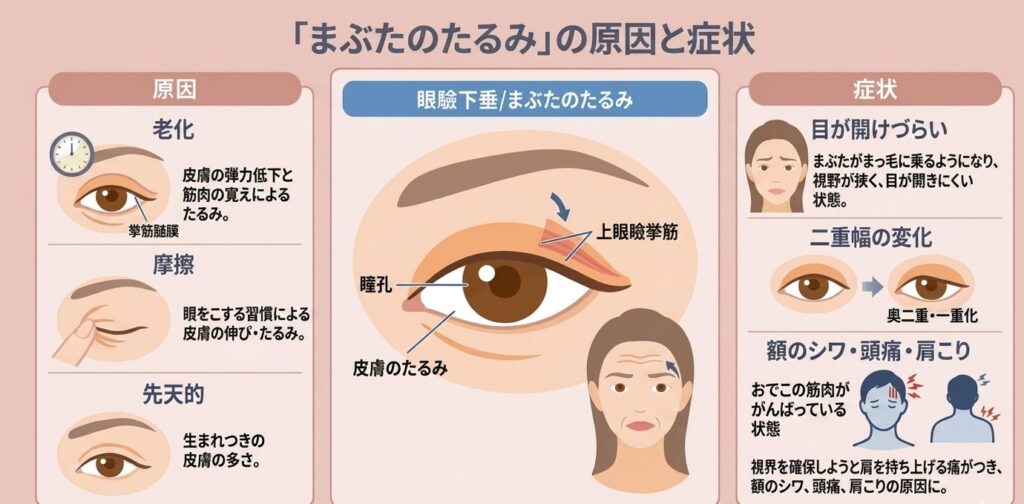 まぶたのたるみの原因（老化・摩擦・先天的要因）と、眼瞼下垂による症状（目が開けづらい、二重幅の変化、額のシワ・頭痛・肩こり）を解説したイラスト