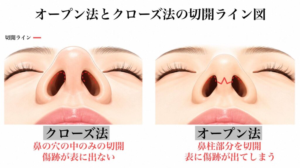 オープン法とクローズ法の切開ラインを示した図