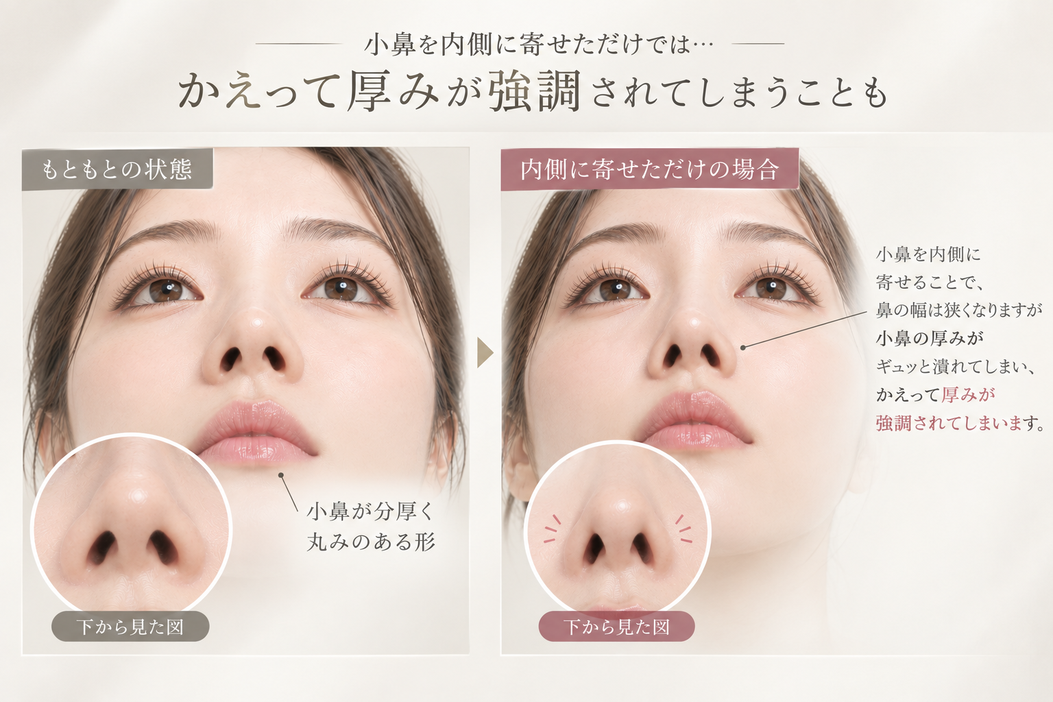 鼻整形に厚みが出てしまうリスクの図解